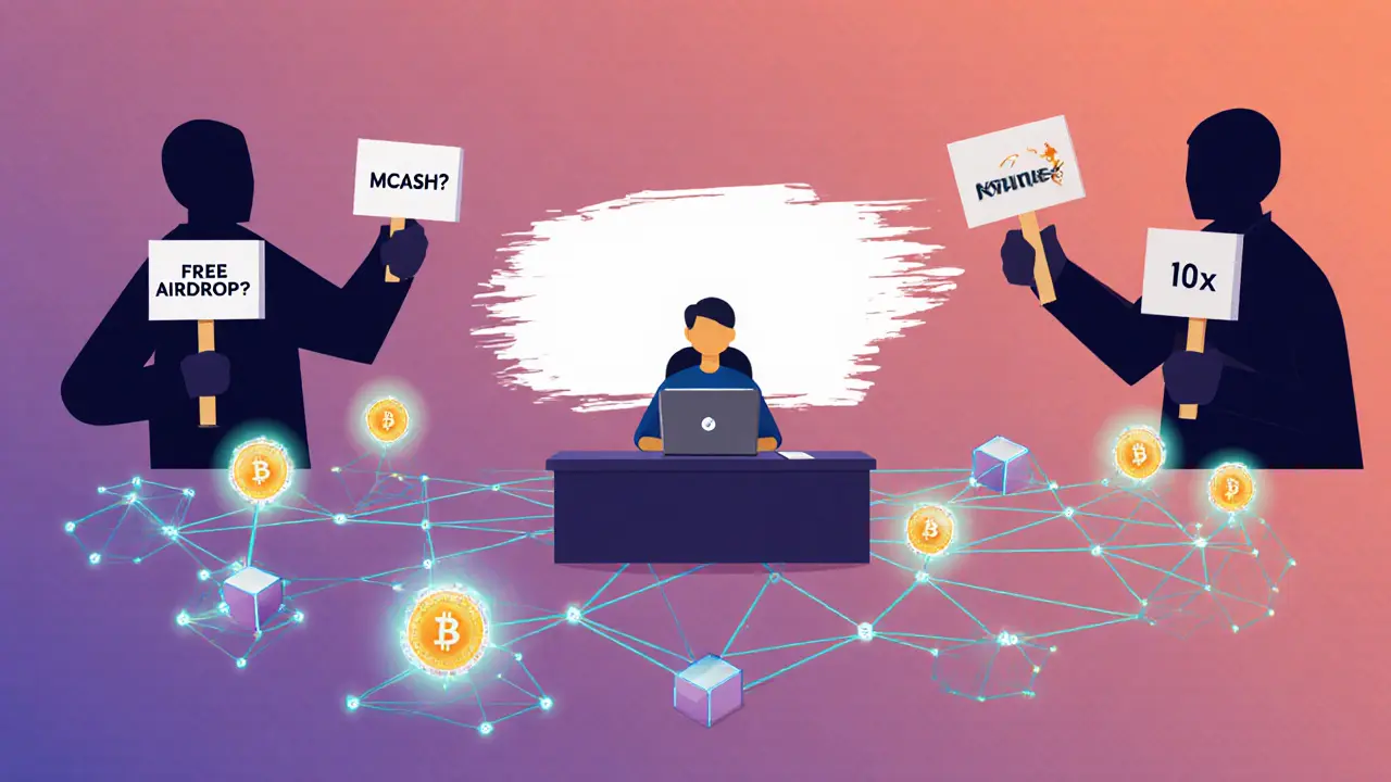 A user earning MCASH through privacy transactions, while speculative slogans fade away.