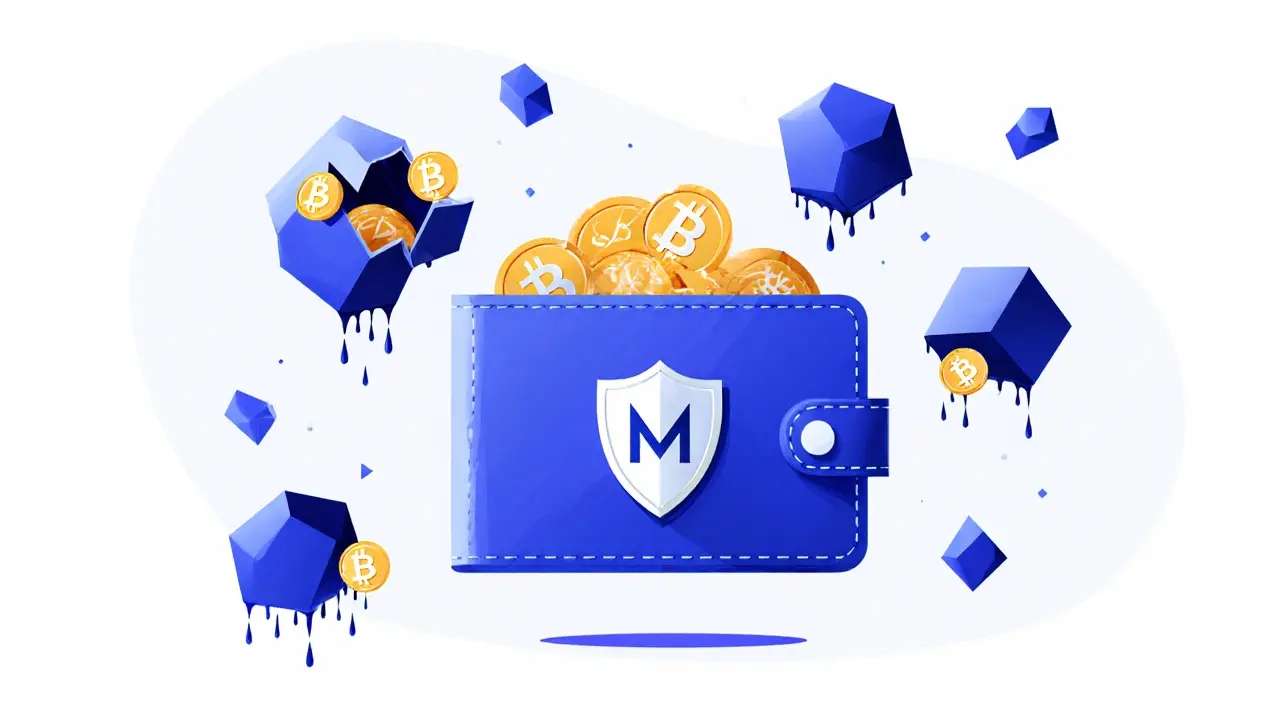 A wallet with locked token vesting shapes, some cracked open to release MCASH tokens over time.