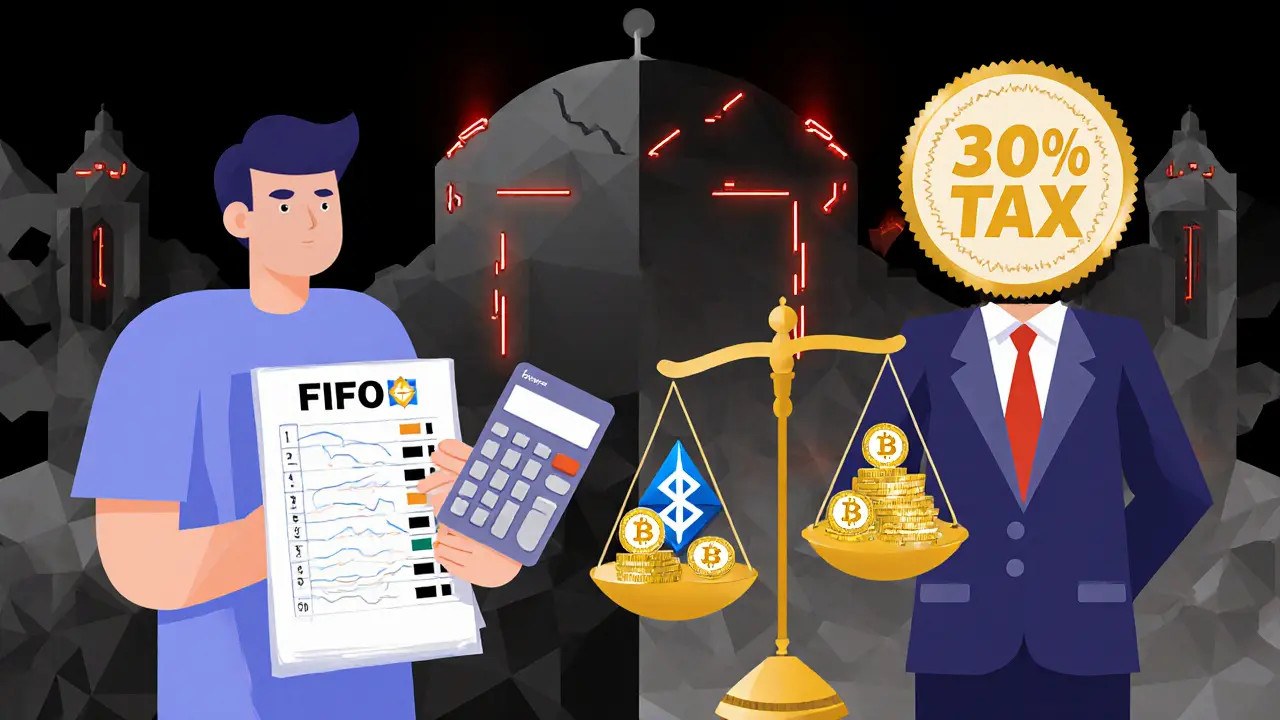 Split illustration showing individual using FIFO method versus business paying 30% tax on crypto gains.