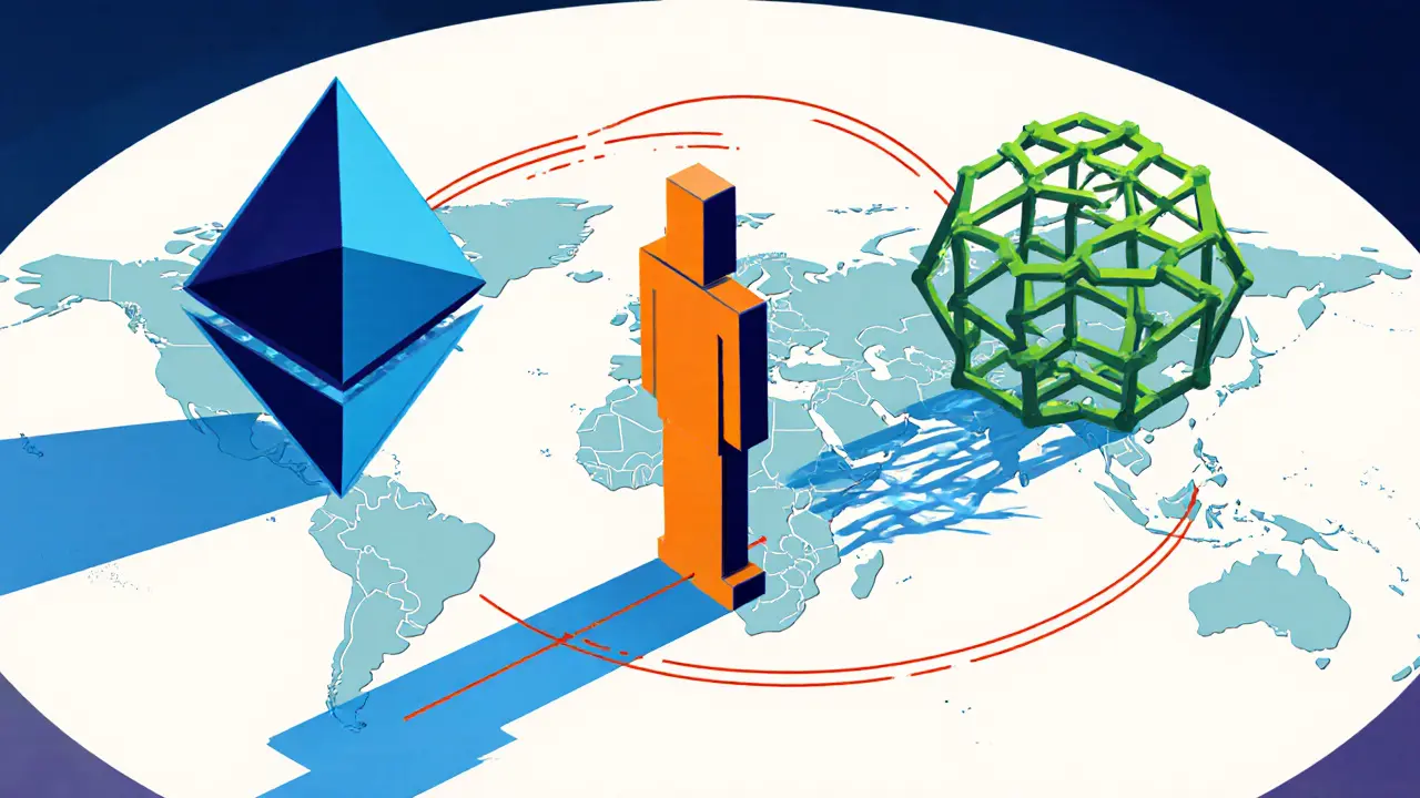 Three stylized validator types—Ethereum, Solana, Cosmos—cast colored shadows on a world map.