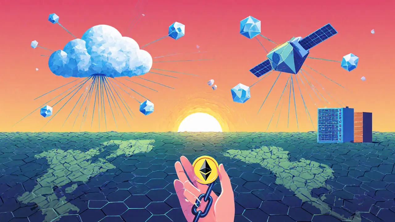 Validator network with ground nodes, orbiting satellites, and a user converting ETH to stETH in geometric style.