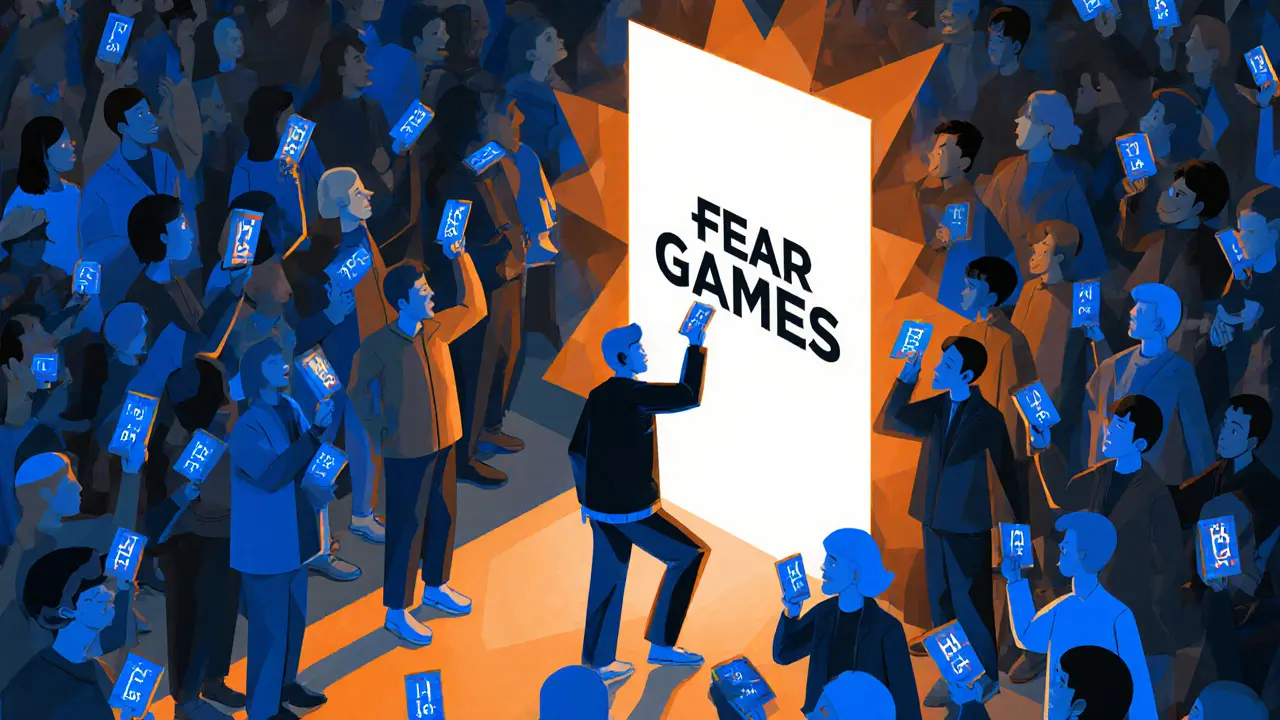 A crowd holds digital tickets toward a fading portal labeled &#039;FEAR Games&#039; in geometric style.
