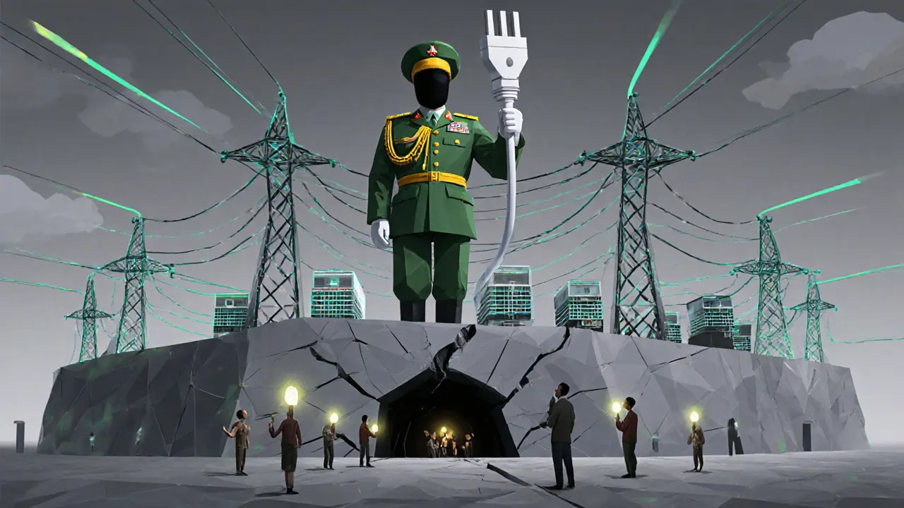 A faceless military figure controls power flow to hidden mining operations under a stadium, while citizens live in darkness.