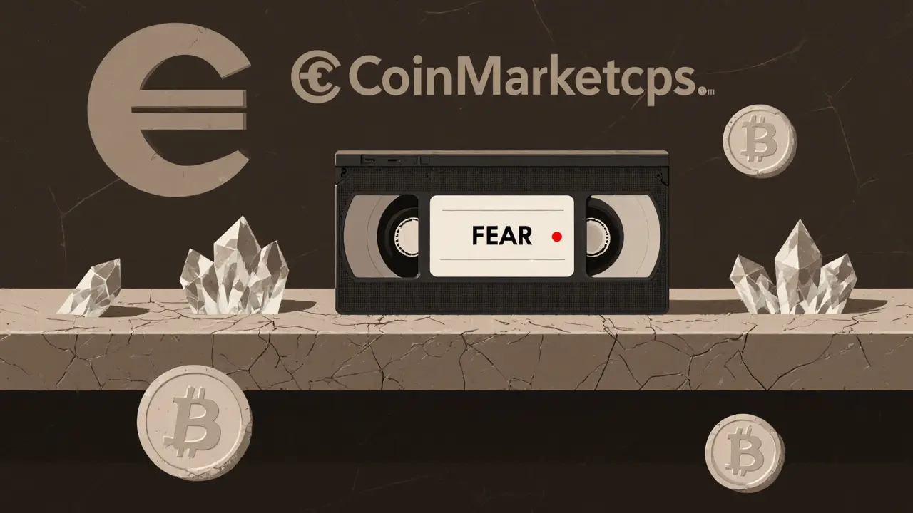 A lone VHS tape labeled &#039;FEAR&#039; sits on a shelf with fading NFT tokens drifting into darkness.