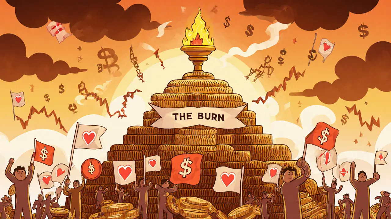 A mountain of SLERF tokens with a code-torch burning bright, under a storm of falling market graphs and decentralized figures.