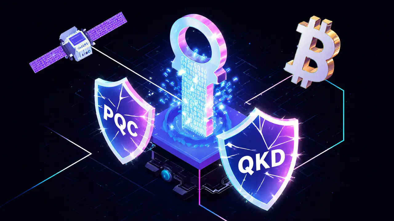 Crypto vault guarded by QKD and PQC shields, geometric quantum key glowing with neon accents