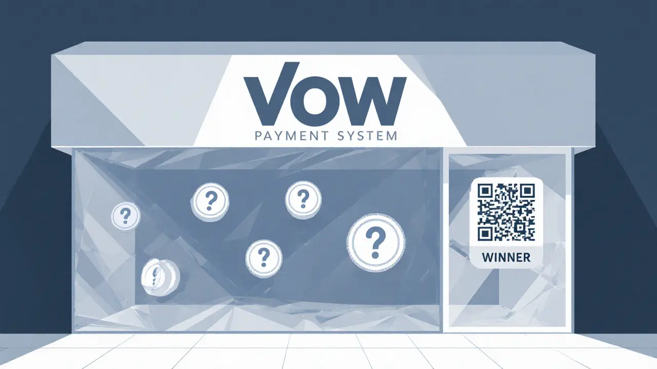 Empty storefront with floating VOW tokens but no customers or payment systems