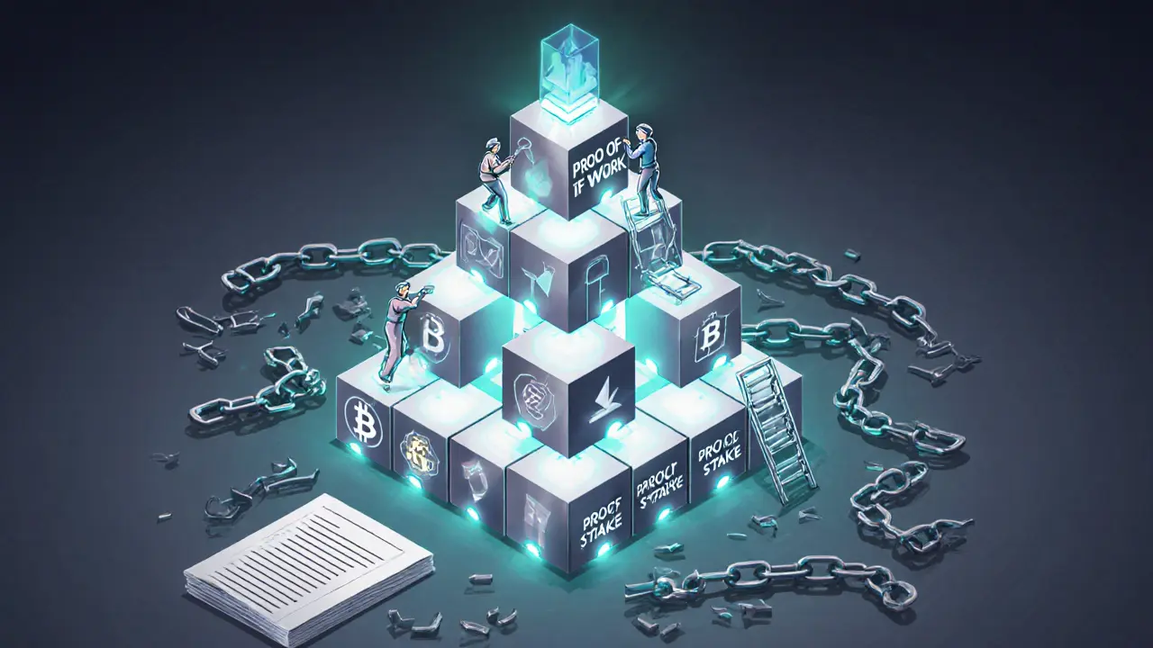 Pyramid of consensus blocks with miners and stakers ascending toward trust