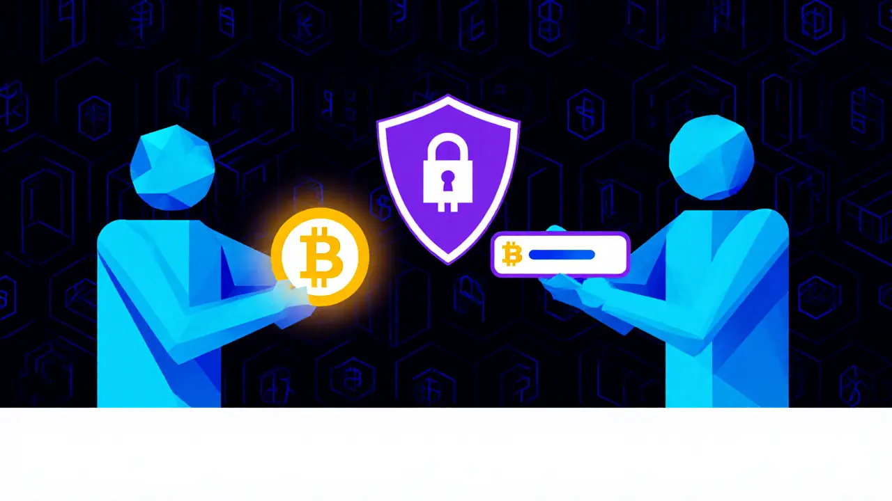 Two figures exchanging cryptocurrency using glowing public and private keys