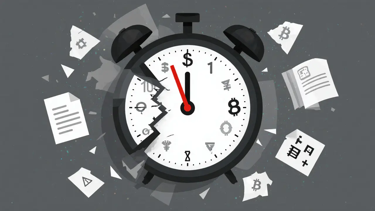 A broken digital clock shows a dead token price amid shattered documents and silent blockchains.