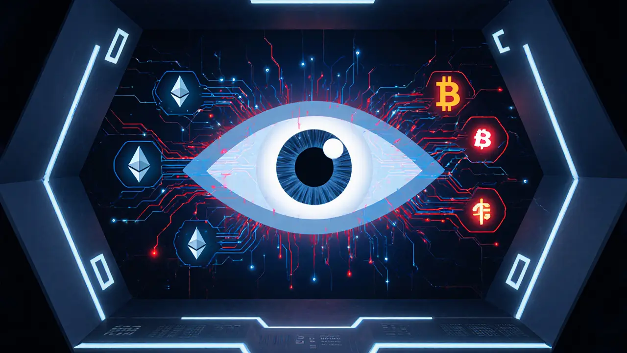AI eye scanning cross-chain crypto flows, highlighting suspicious patterns in red and clean paths in blue using geometric shapes.