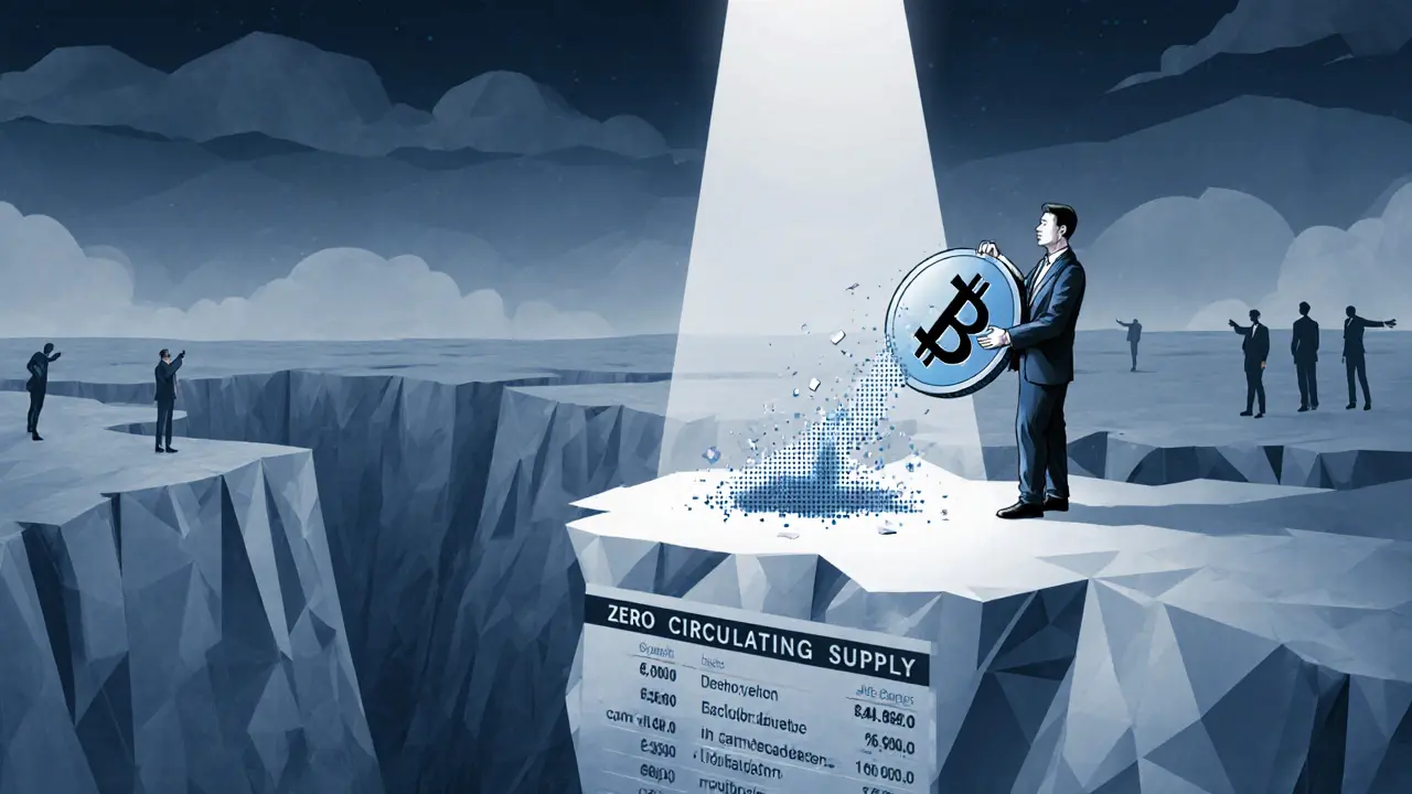 An investor watches their token dissolve into pixels above a void labeled &#039;Zero Supply&#039;.