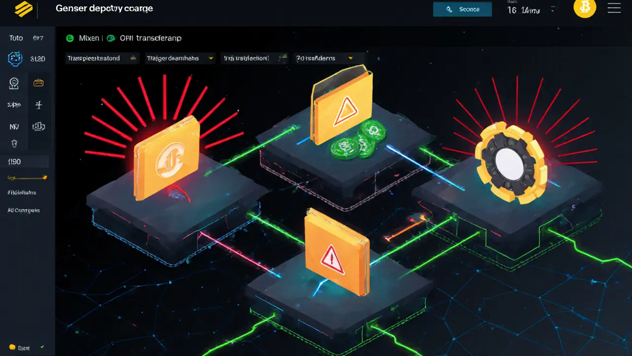 Compliance dashboard with linked wallets and red alerts marking suspicious cross-chain transactions between blockchains.