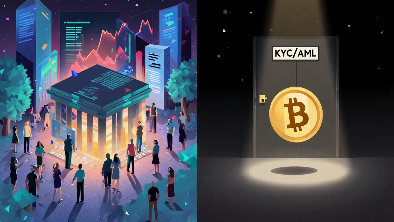 Contrasting scene of a busy stock exchange and an empty digital ledger with a locked door.