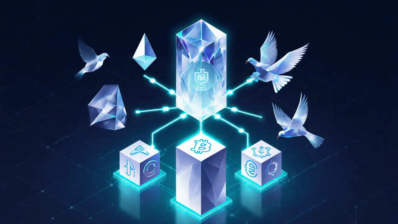 Decentralized finance network with DAI at the center, connected to DeFi protocols via glowing lines and collateral cubes.