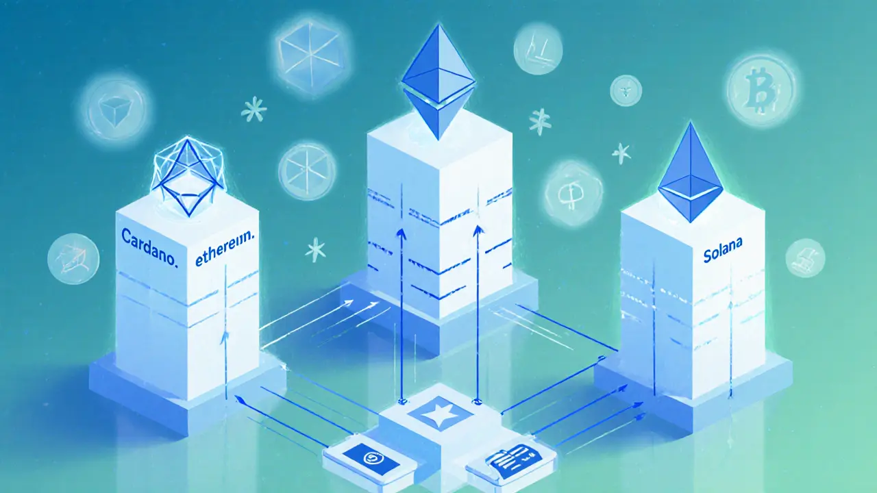 Geometric network connecting three blockchains with wallet icons