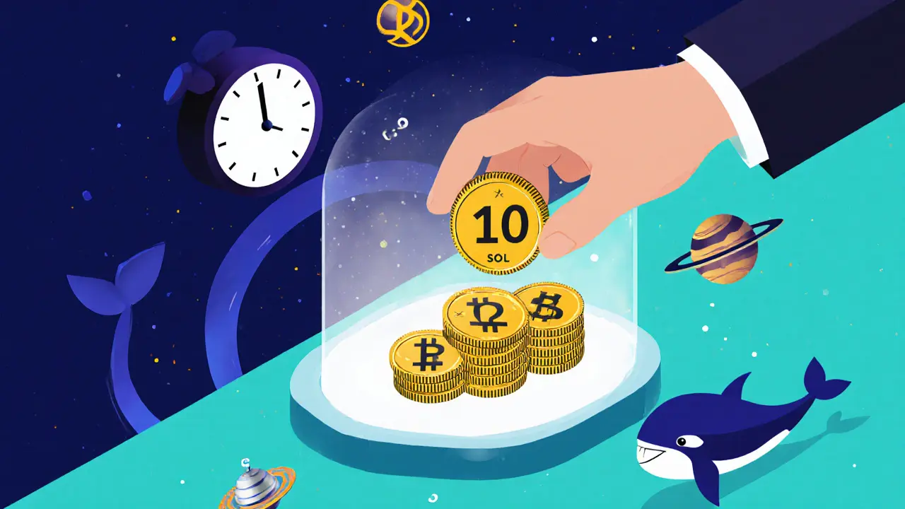 Hand placing SOL into a portal, receiving JSOL tokens that grow in value across epochs with DeFi icons floating nearby.