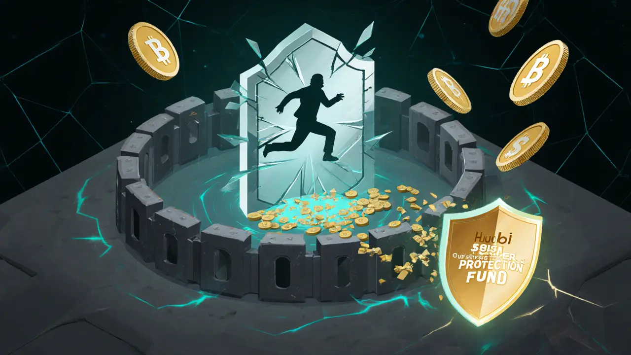 Secure digital vault with cracked shield being repaired by a protective fund symbol