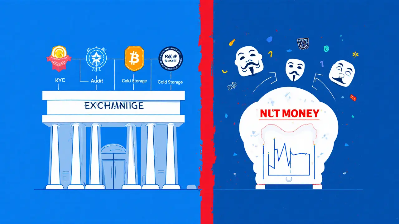 Side-by-side geometric comparison of a legitimate exchange versus a hollow scam platform.
