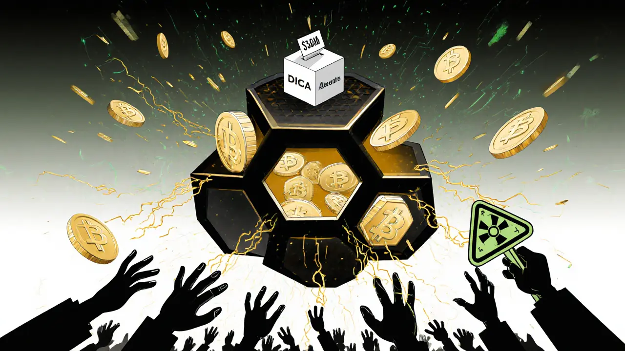 A decentralized exchange engine with flowing value and voting tokens, surrounded by traders.