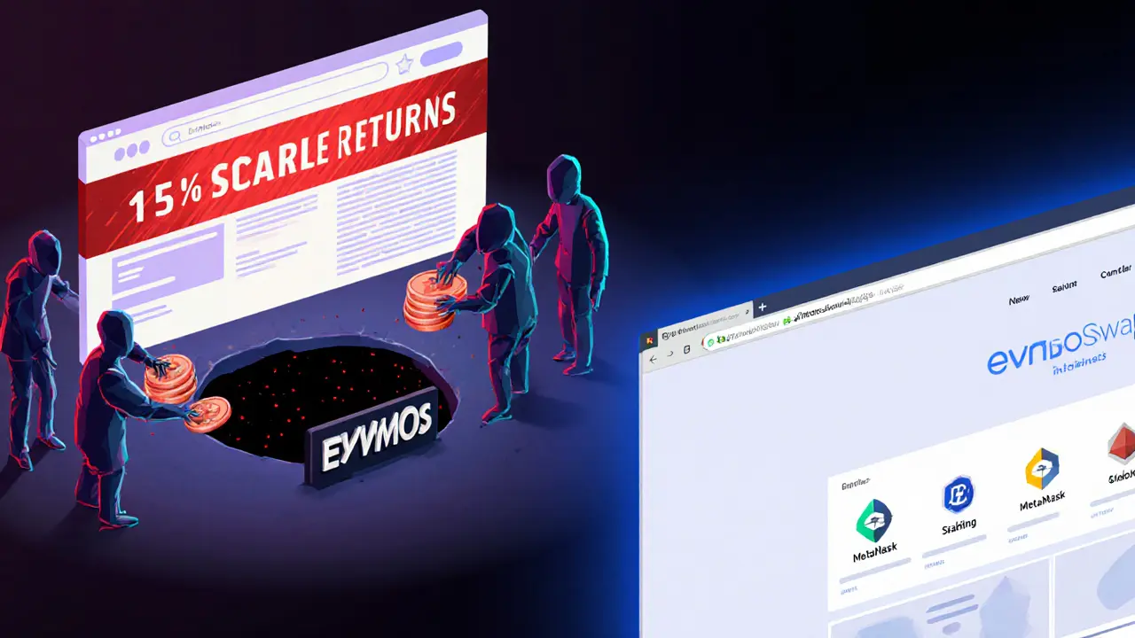 A fake crypto site with red scam banners draining coins into a black hole, next to a legitimate Evmos interface.
