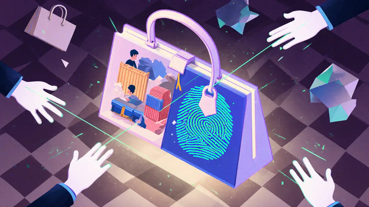 A luxury handbag with its journey revealed through geometric facets, scanned by a digital fingerprint beam.