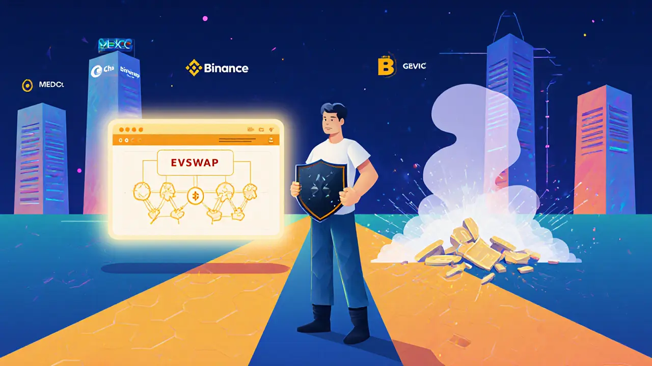 A user protected by a hardware wallet, choosing the safe Evmos DeFi path over a collapsing scam exchange.