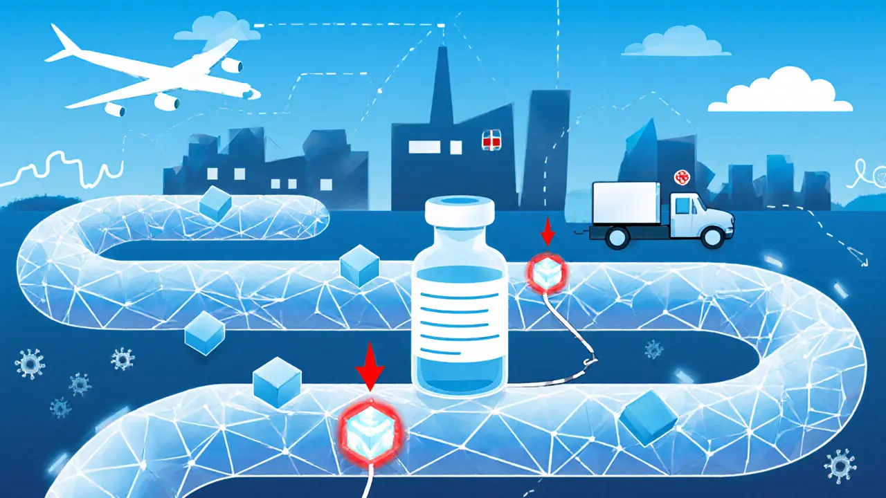 A vaccine vial in a crystalline cold chain with temperature warnings flashing along its path.