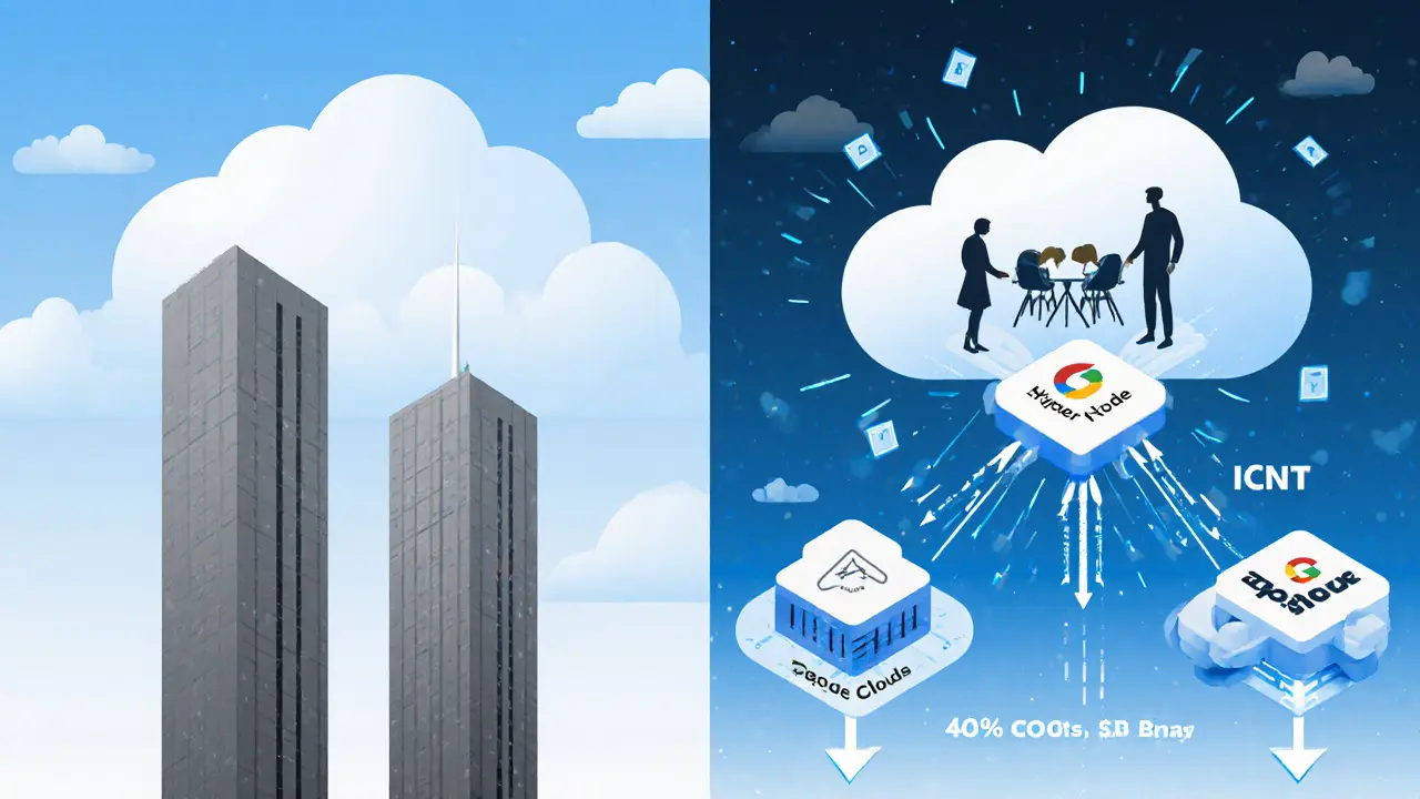 Contrasting traditional cloud providers as locked towers with an open, modular ICNT network powering tech teams.