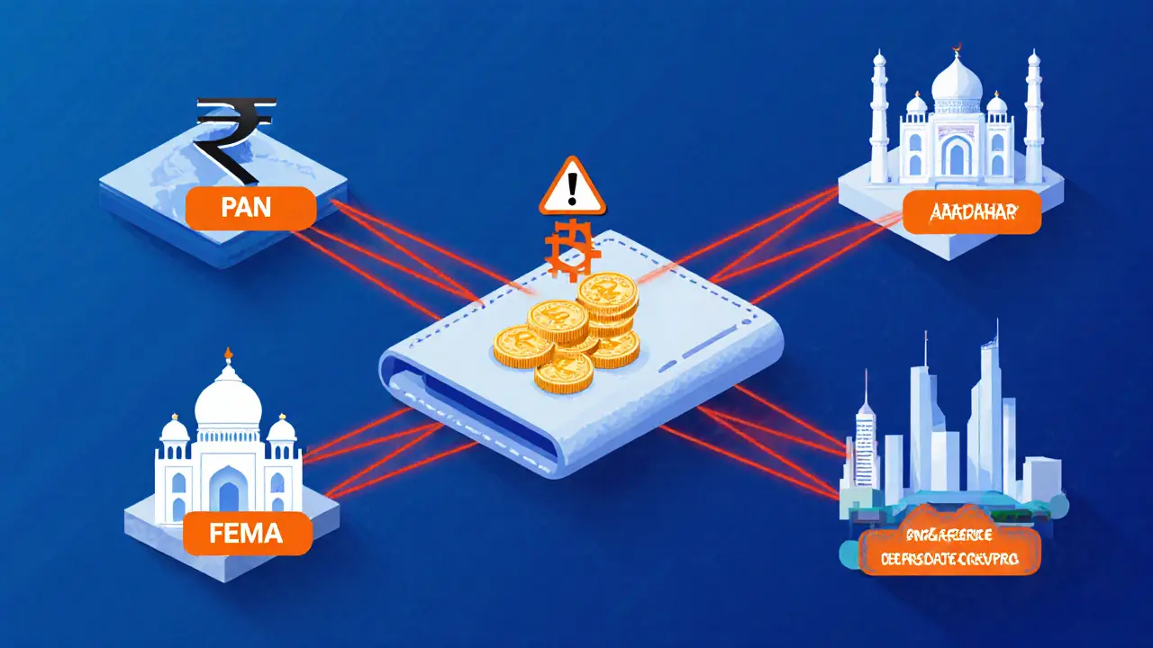 Crypto transfer blocked by legal data chains between India and foreign countries in geometric illustration.