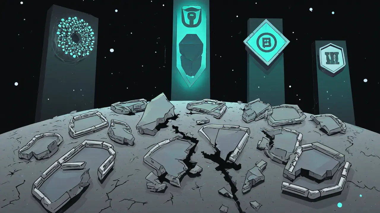 Fractured NFT frames floating in space with three storage methods as pillars in a dark digital landscape.