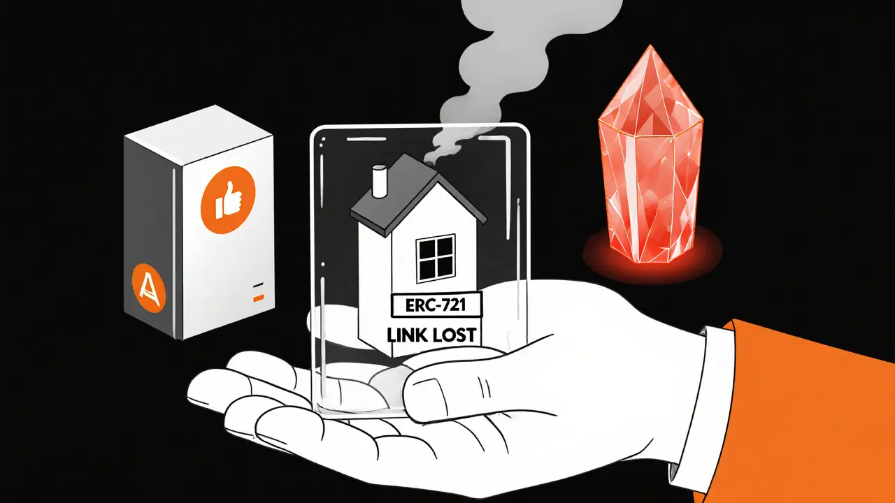 Transparent NFT token revealing a pixel house with a lost link, beside storage methods represented as icons.