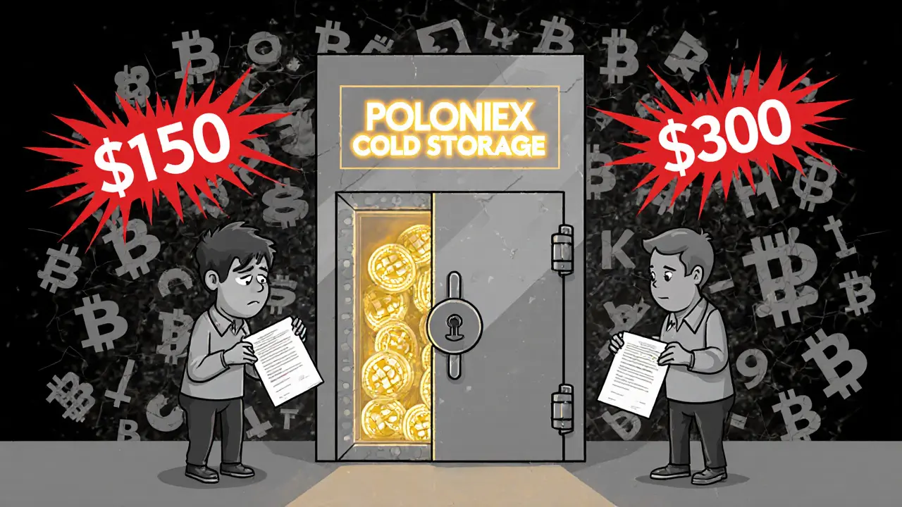 A locked vault with crypto tokens inside, while users hold withdrawal slips with hidden fee amounts floating above.