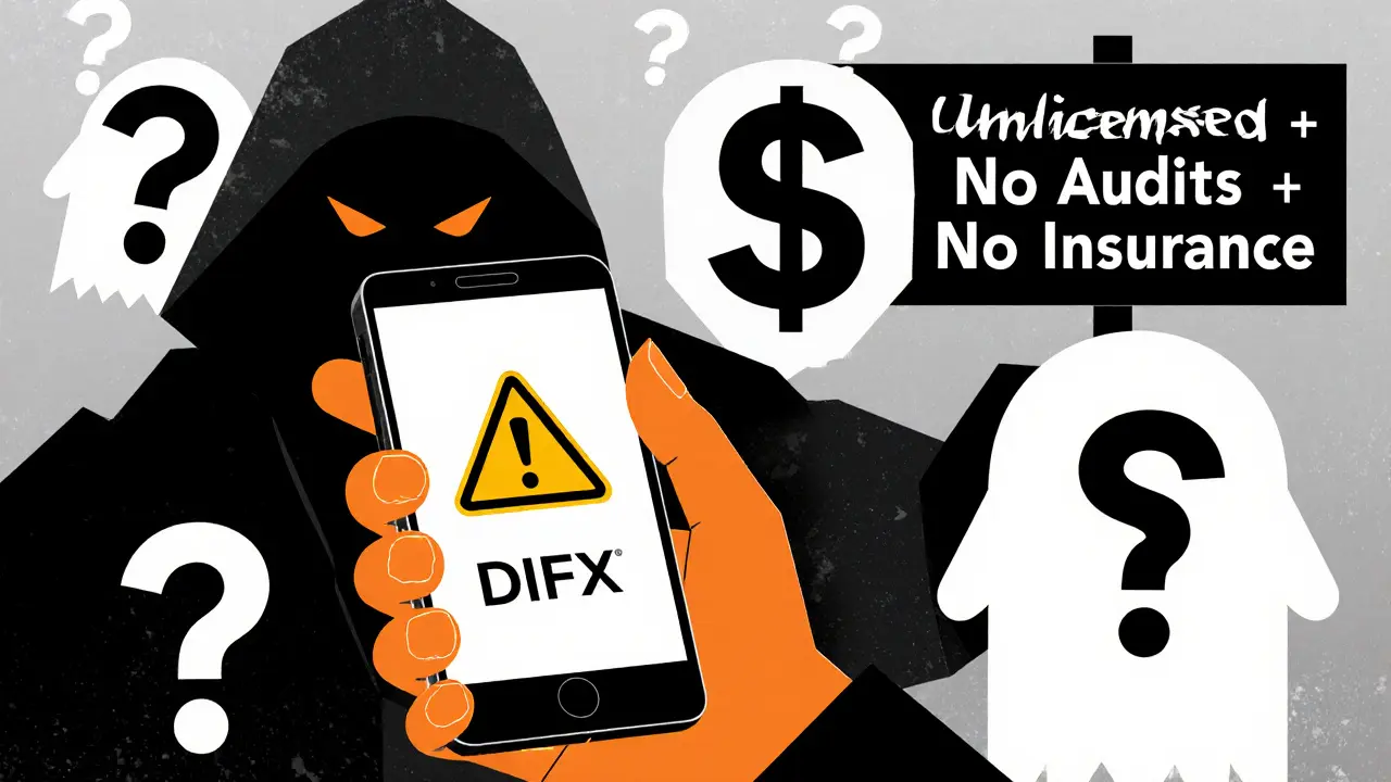 A trader looking at a DIFX app, surrounded by question marks and ghostly money, reflecting a warning.