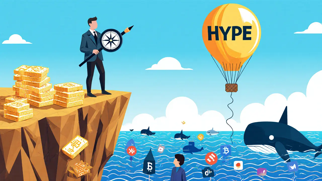 A trader on a blockchain cliff using a sentiment compass while bots inflate a hype balloon.