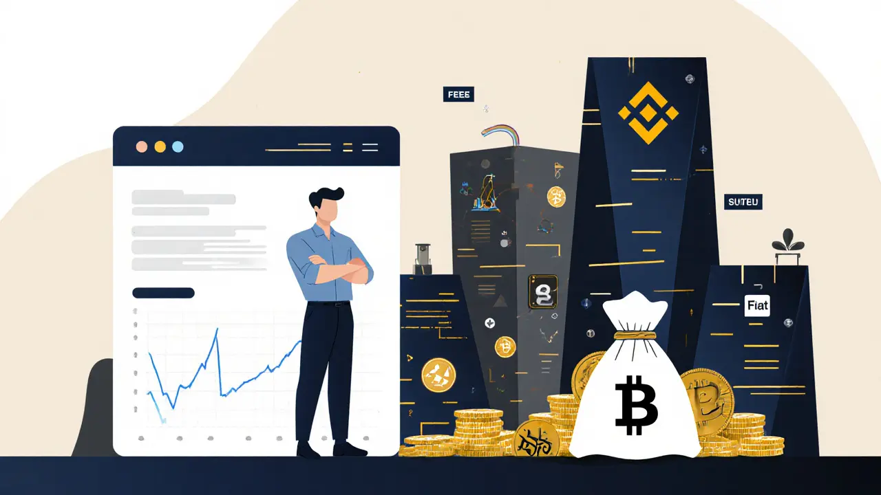 A trader with crypto coins beside a simple exchange platform, while larger competitors loom in the background.