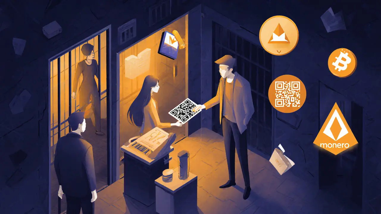 A woman shares a QR code in a tea shop for offline crypto payments, surrounded by hidden symbols of resistance.