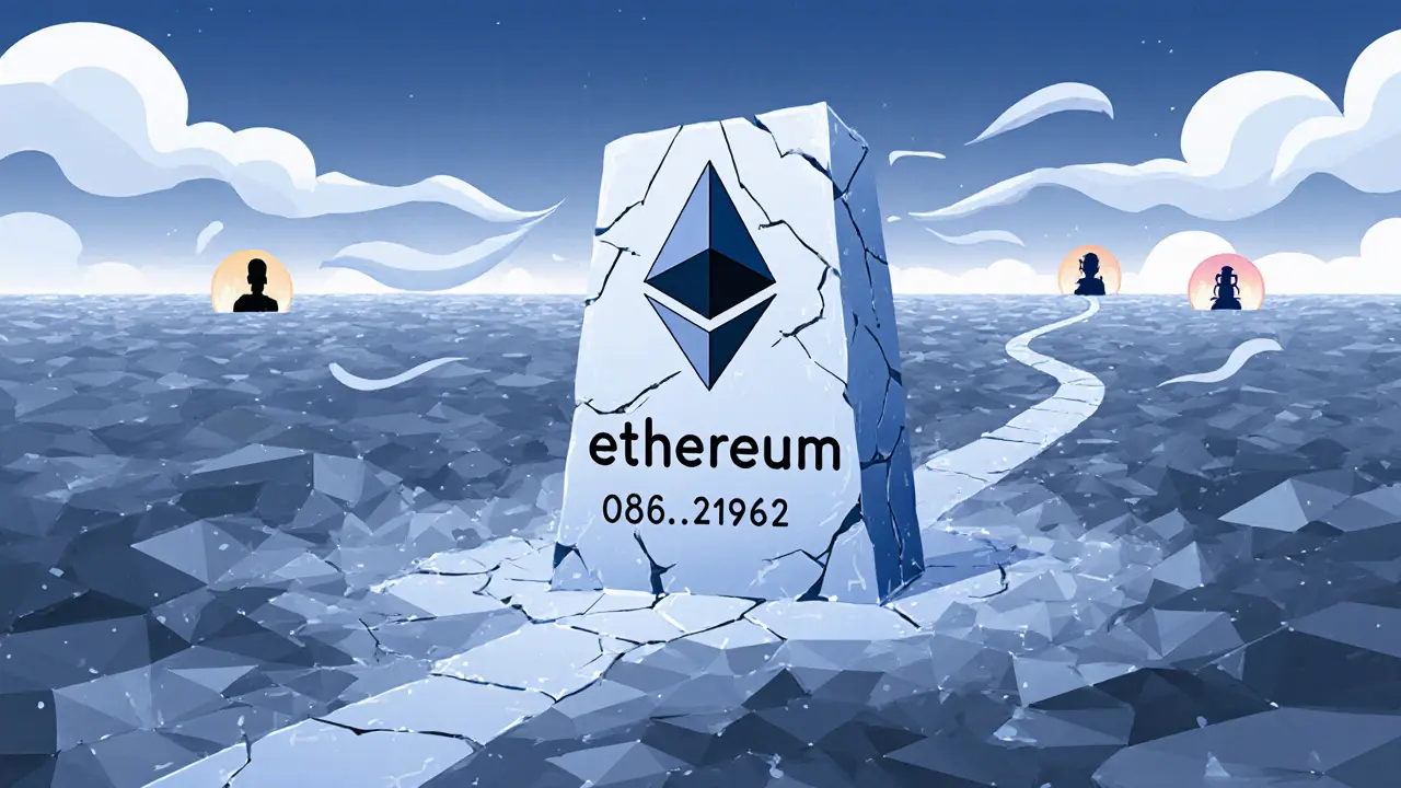 Abandoned Ethereum contract monument in a barren digital wasteland.