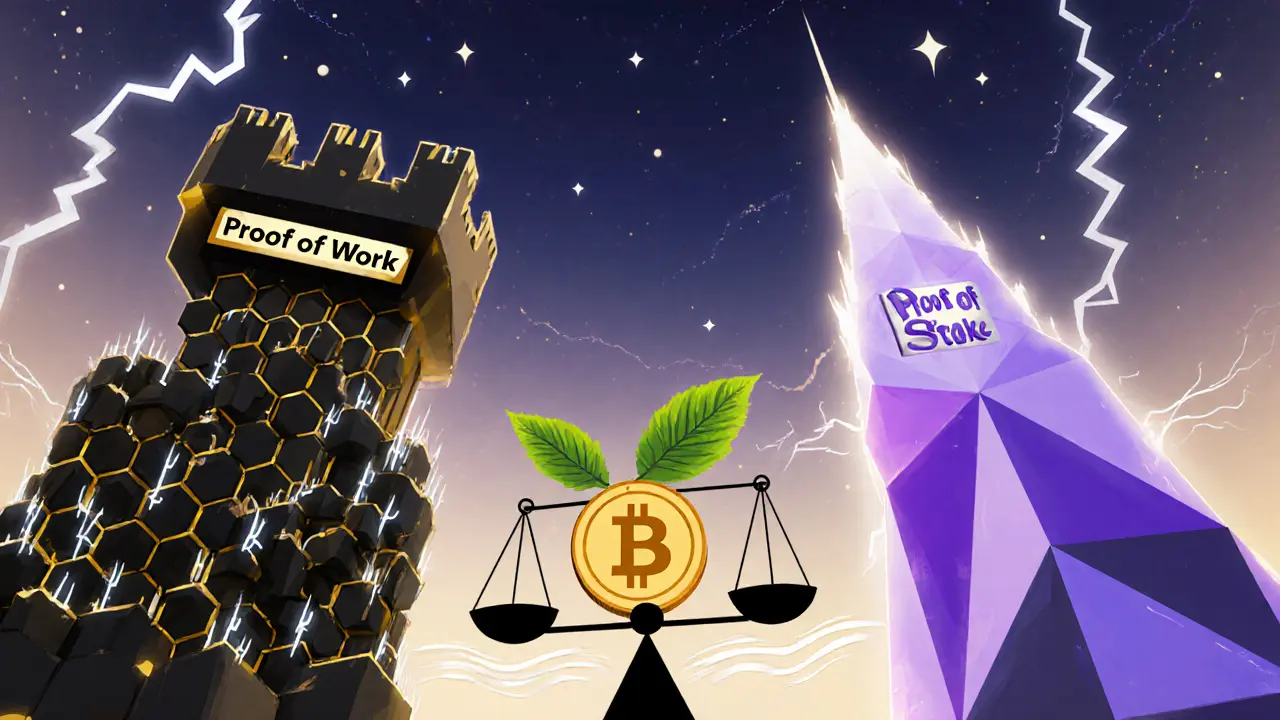 Contrasting Proof of Work fortress and Proof of Stake tower with balance scale