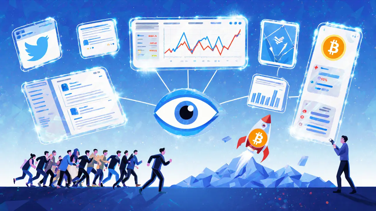 Futuristic trading dashboard with AI analyzing crypto sentiment and a crowd chasing a Bitcoin rocket.