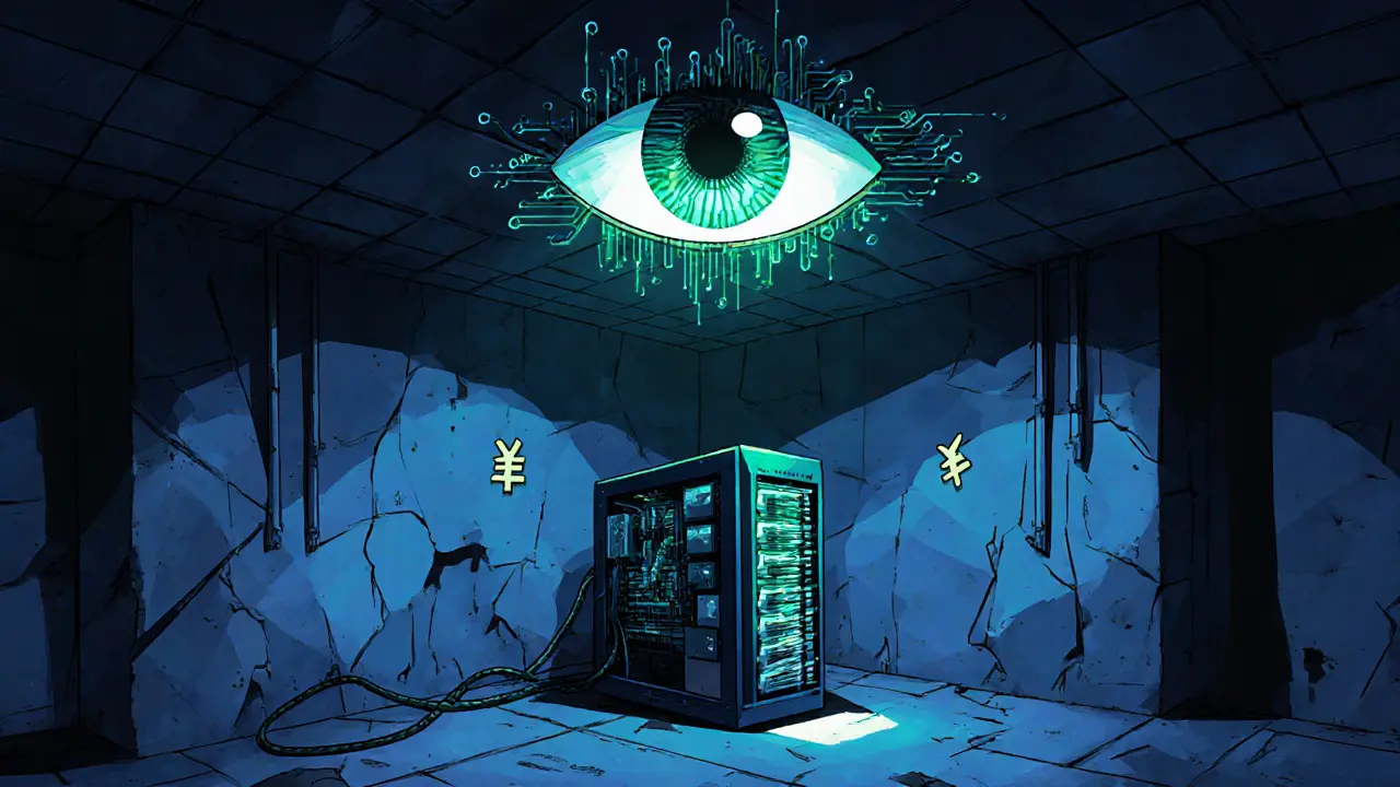 Hidden mining rig in a basement watched by a digital eye made of yuan symbols and circuitry.