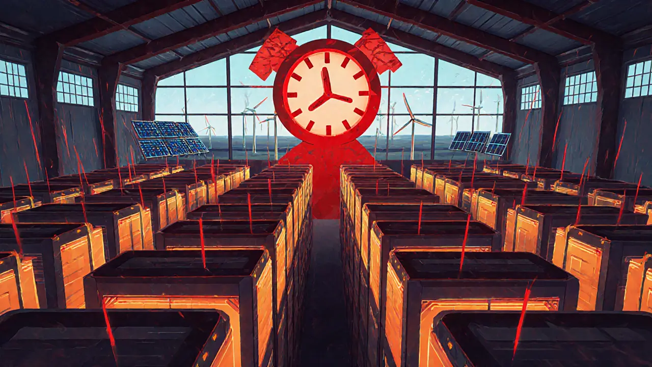 Mining farm with ASICs and energy clock, shadowy 51% attack looming