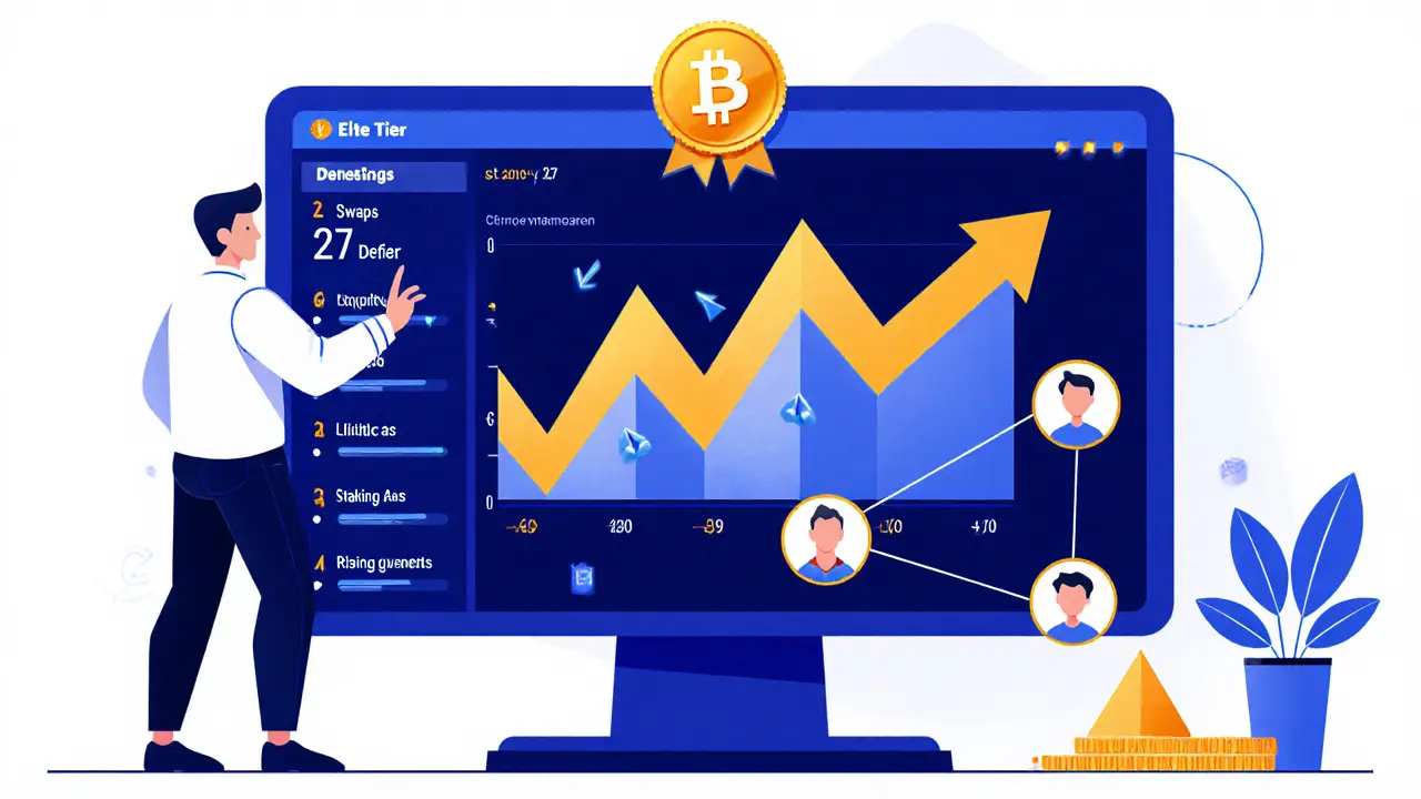User dashboard showing points from swaps, liquidity, staking, and referrals in sharp geometric shapes.