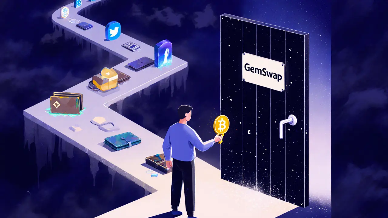 User holding a broken GEM token before a locked GemSwap door, with active DEXs glowing in distance.