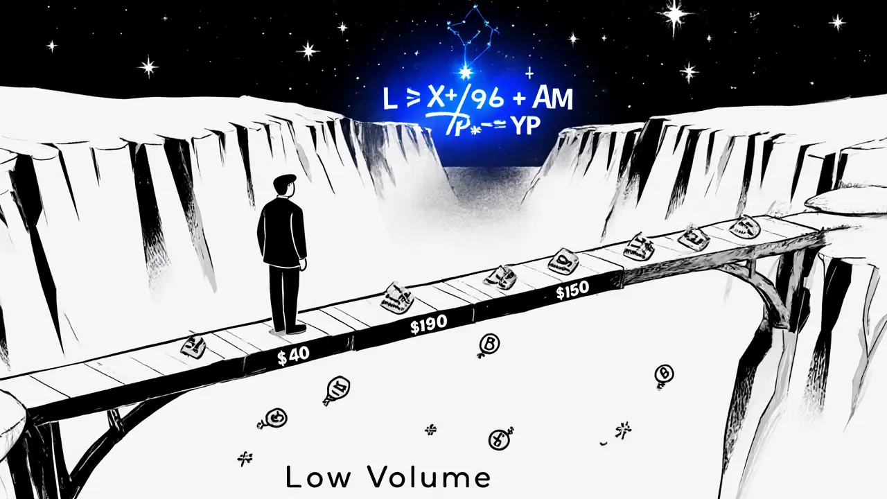 A lone figure on a narrow bridge of price points over an empty canyon representing low trading volume.