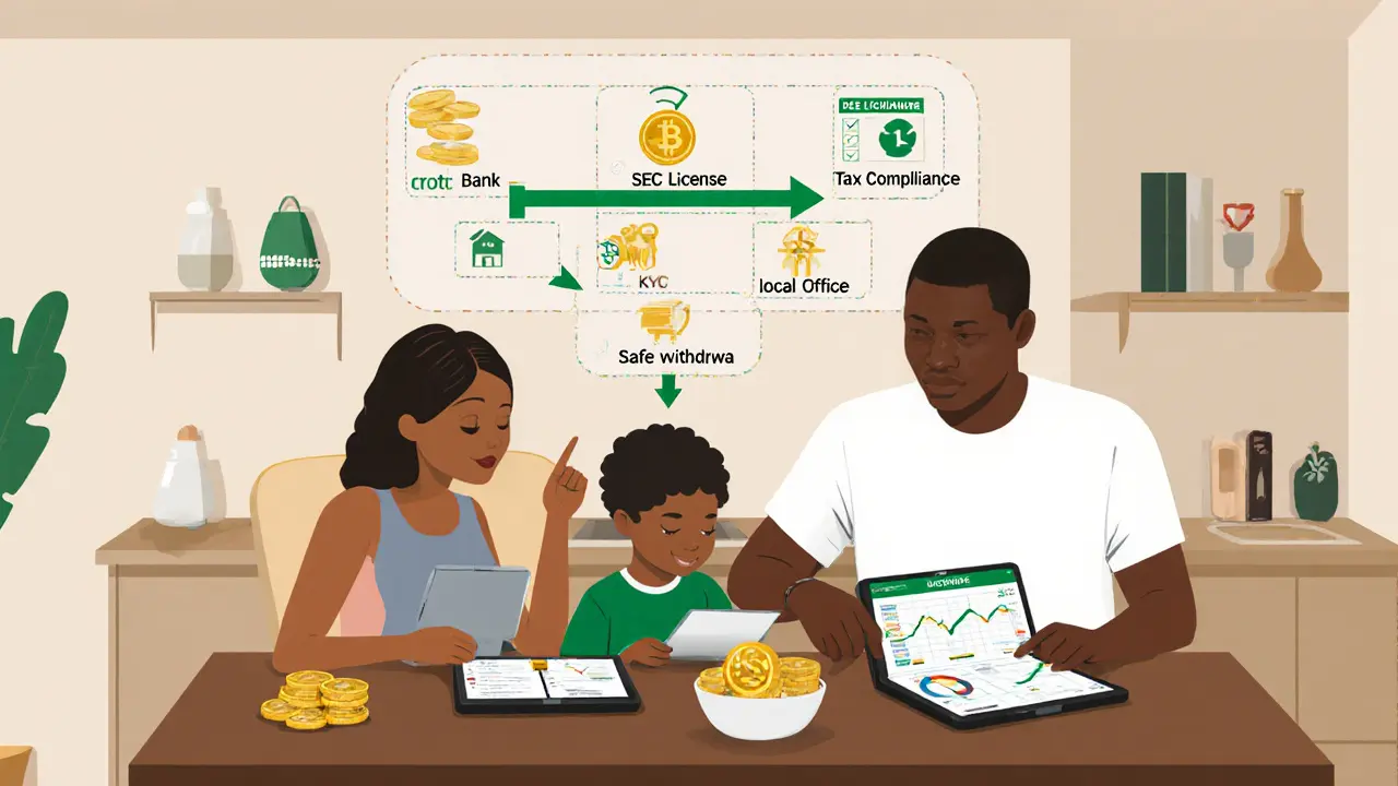 Family trading crypto on licensed exchange with regulatory flowchart above