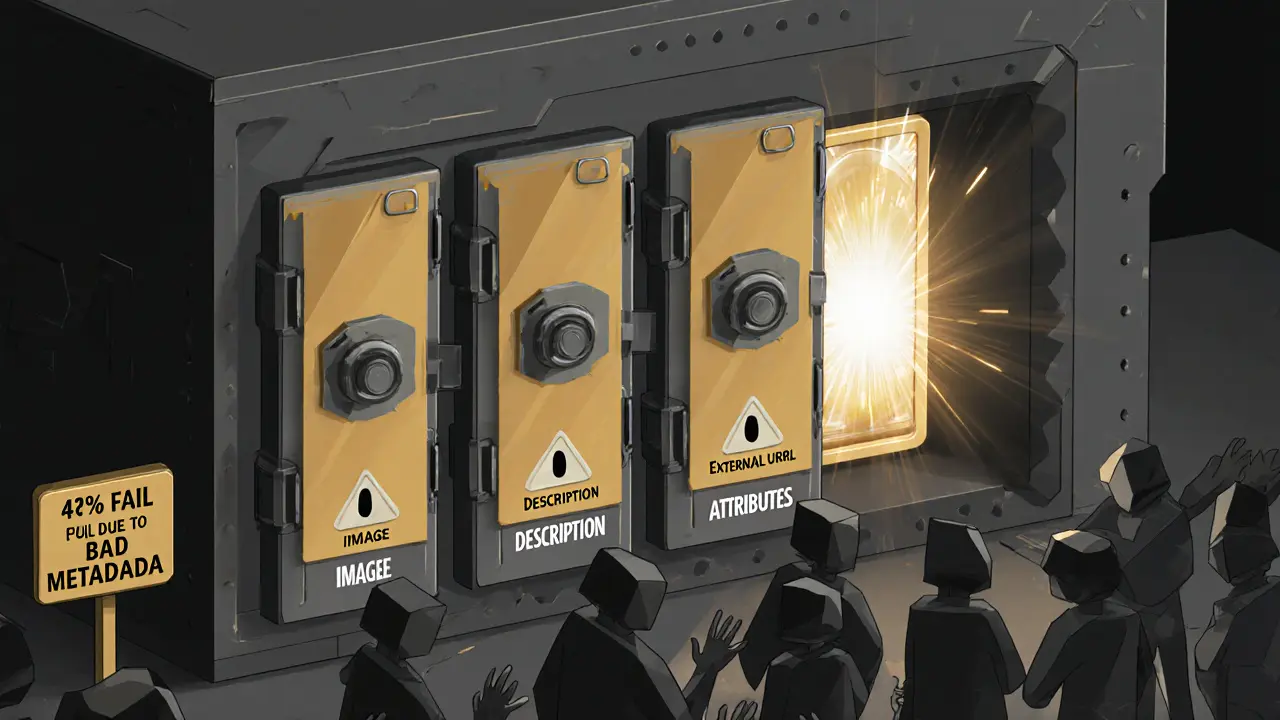 Futuristic NFT vault with five locked metadata doors, one open revealing radiant artwork, buyers reaching toward it.