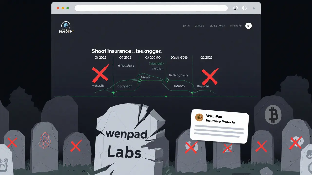 Ghostly WenPad Labs website hovering over a crypto graveyard with broken promises.