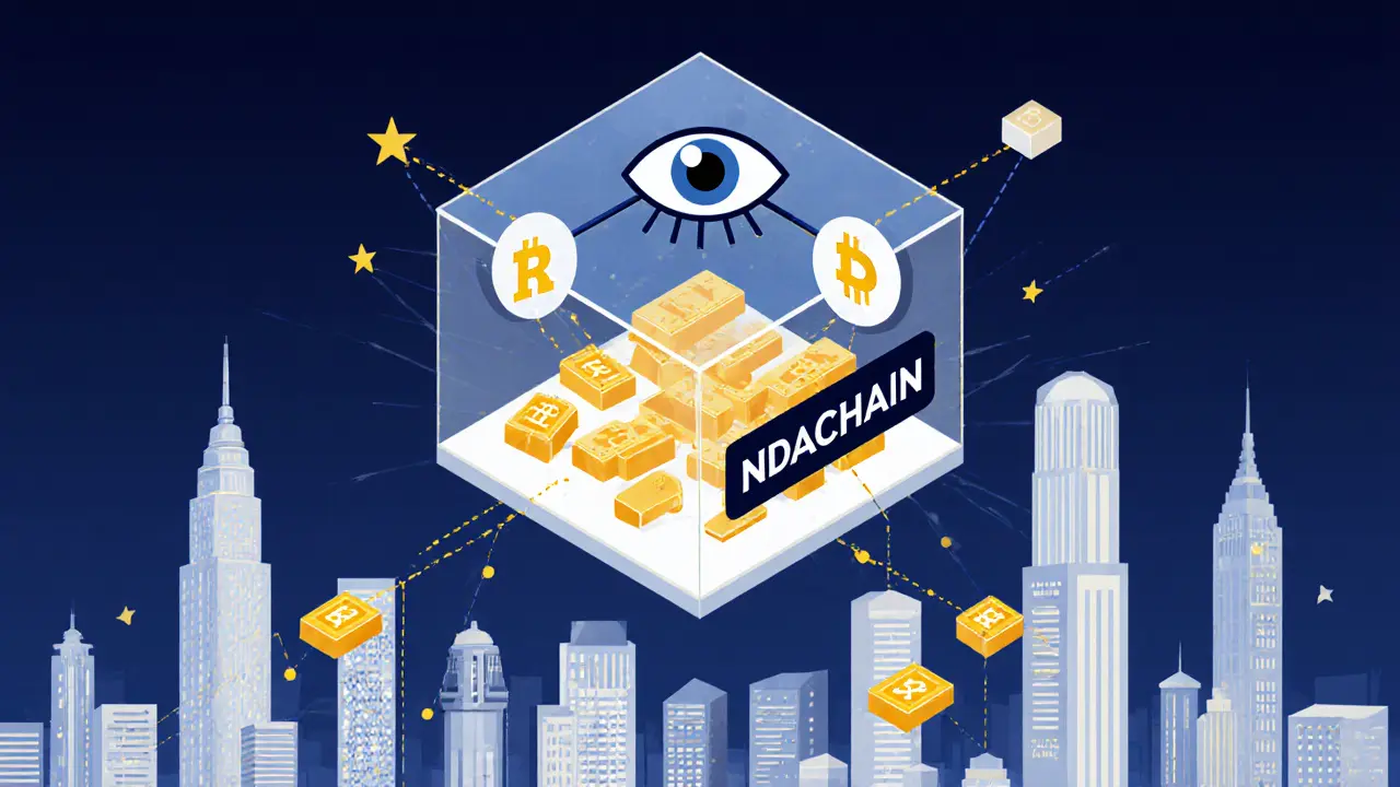 NDAChain blockchain cube with asset connections, monitored by a regulator eye.