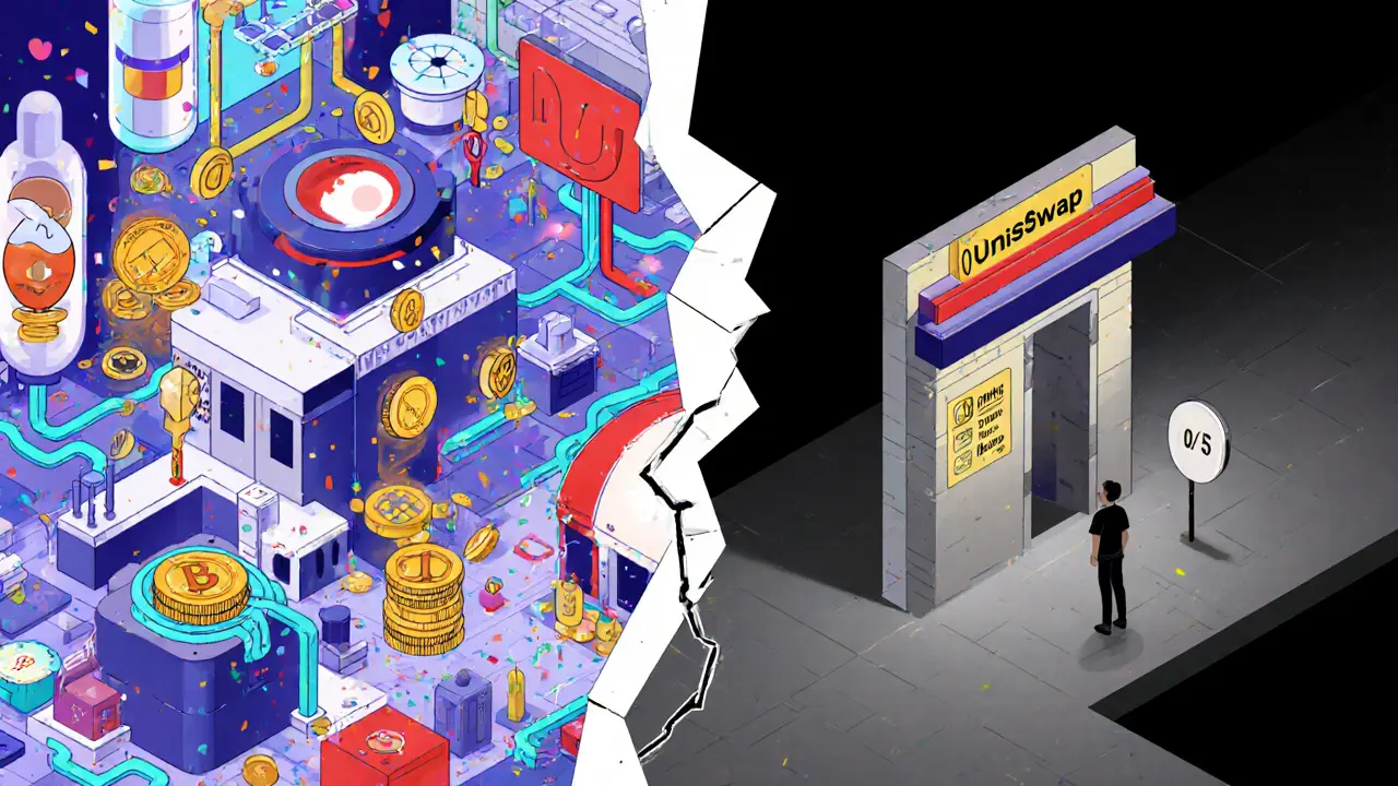 Split scene: busy Uniswap hub vs. isolated iZiSwap station with a wall labeled &#039;Liquidity Chicken &amp; Egg&#039;.